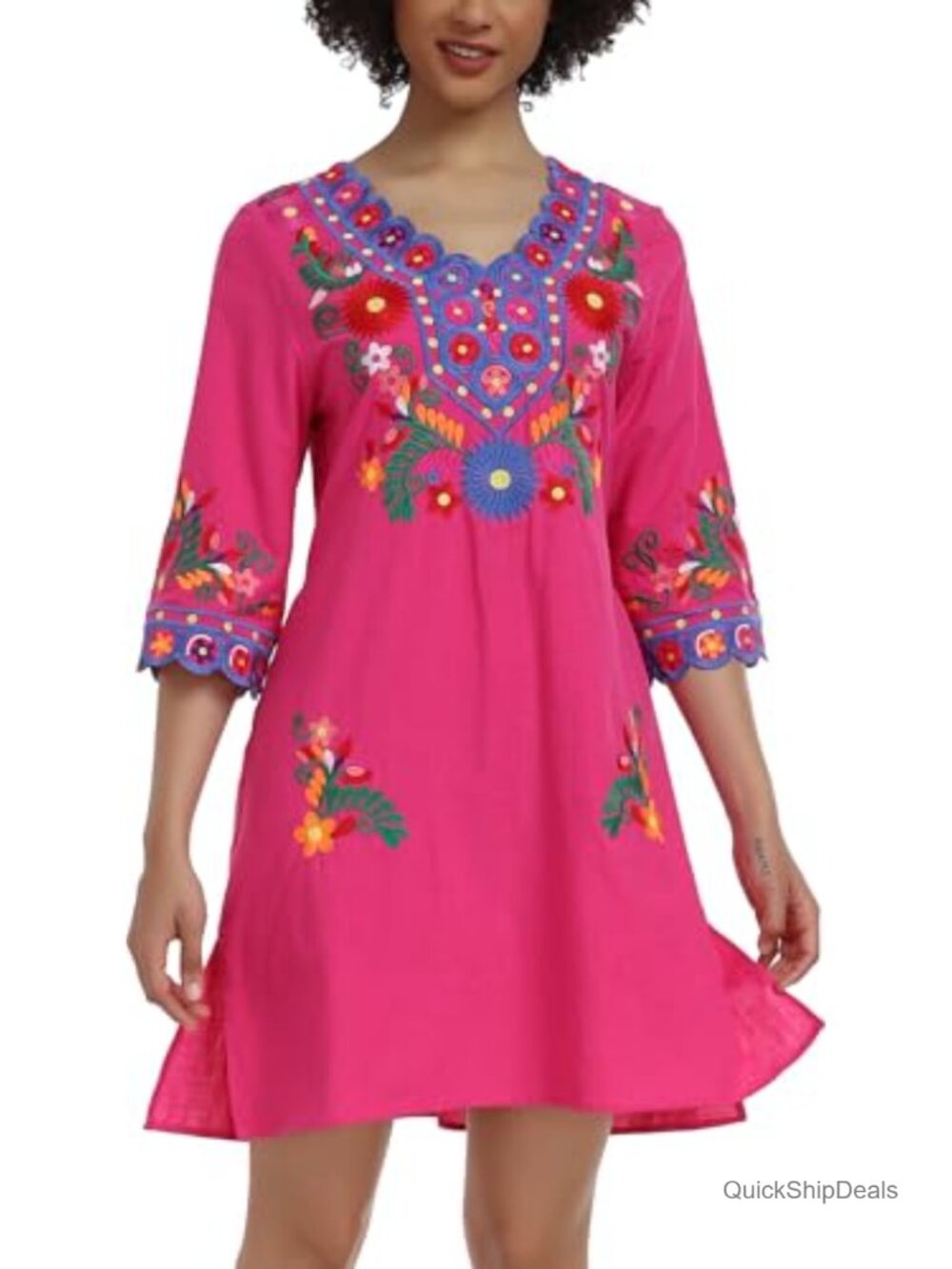 Embroidered Mexican Floral V Neck 3/4 Sleeve Bohemian Dress